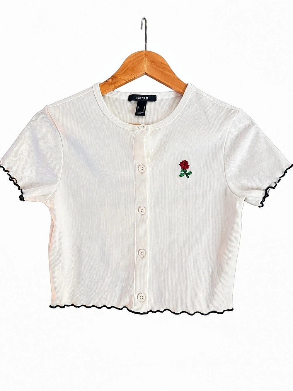 Forever 21 Rose Embroidery Ribbed Top in White Size Medium